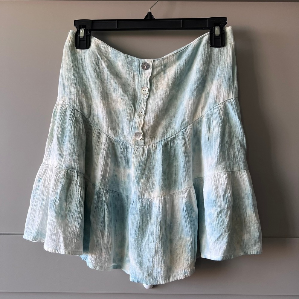 GHANDA Tie Dye Tiered Mini Skirt Blue White Pull On Button Women M Beach Coastal